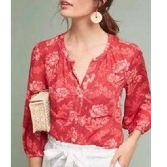 ANTHROPOLOGIE AKEMI + KIN Red Orange Floral Button Down Top Blouse Size Medium - Picture 3 of 10